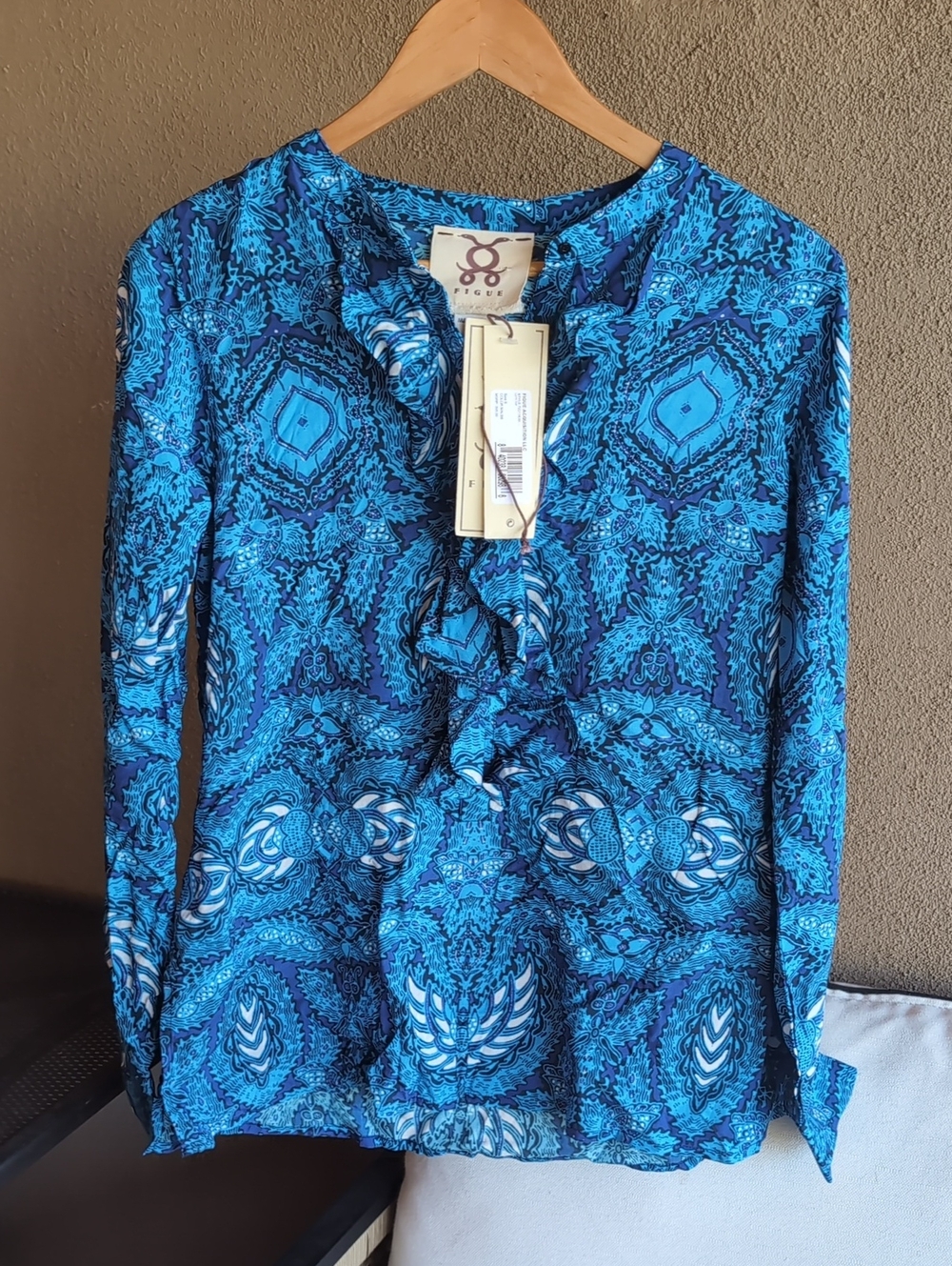 NWR FIG Women’s Blue Patterned Ruffle-Front Long-Sleeve Blouse